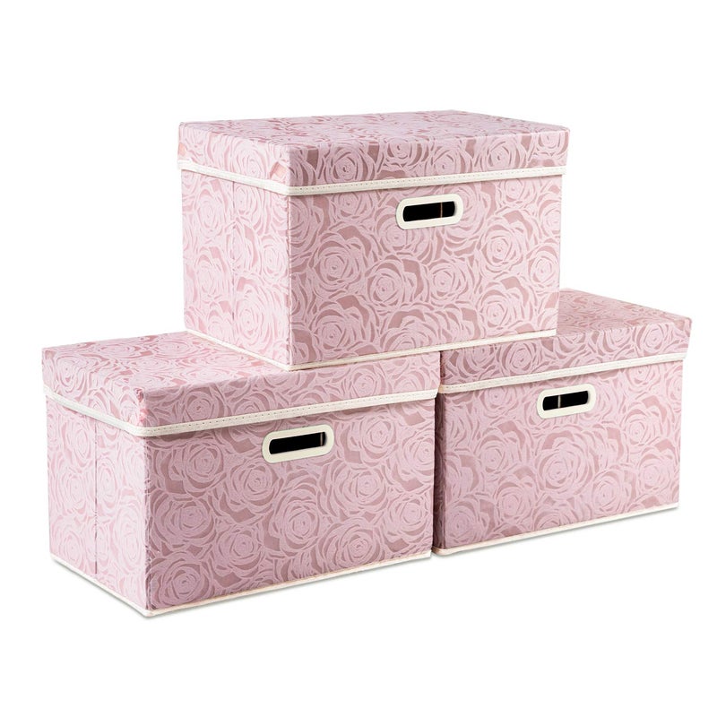PRANDOM Collapsible Storage Boxes with Lids Fabric Decorative Storage Bins Cubes Organizer Containers Baskets with Cover Handles Divider for Bedroom Closet Living Room 14.9x9.8x9.8 Inch 3 Pack - Image 1